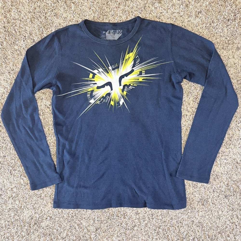 Vintage 2000s Y2K Fox Racing Gray Long Sleeve Graphic Ribbed Thermal Mens M